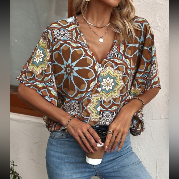 Boho floral print batwing sleeve blouse - Picture 4 of 6